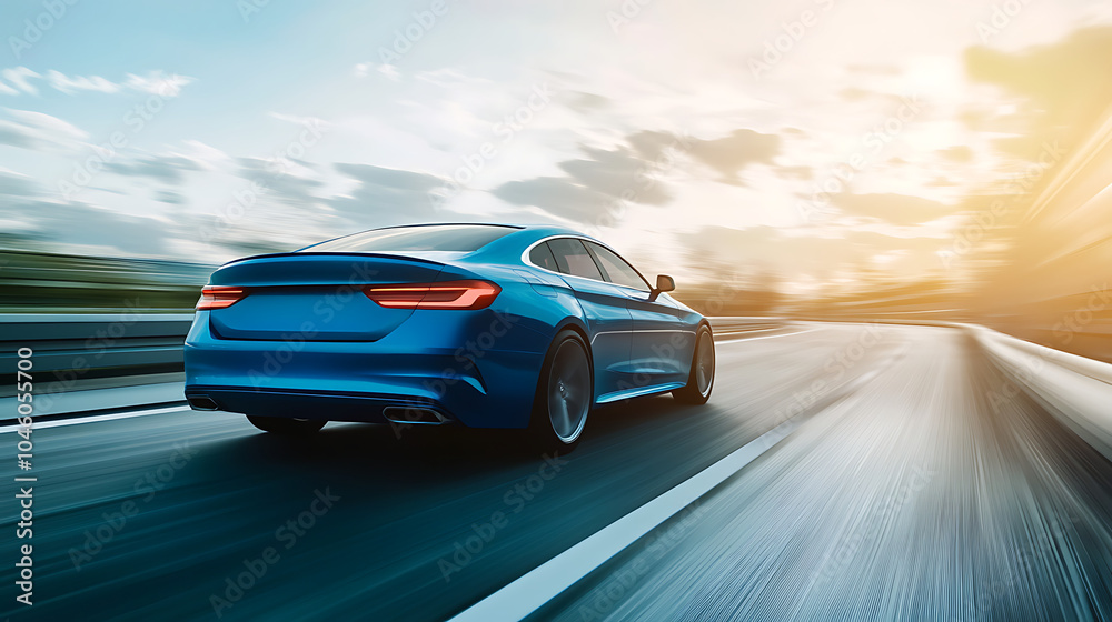 Naklejka premium Rear view of blue Business car on high speed in turn Blue car rushing along a high speed highway 
