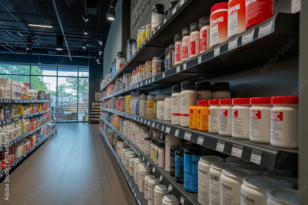 GNC supplement store, with protein and creatine products on the cashier