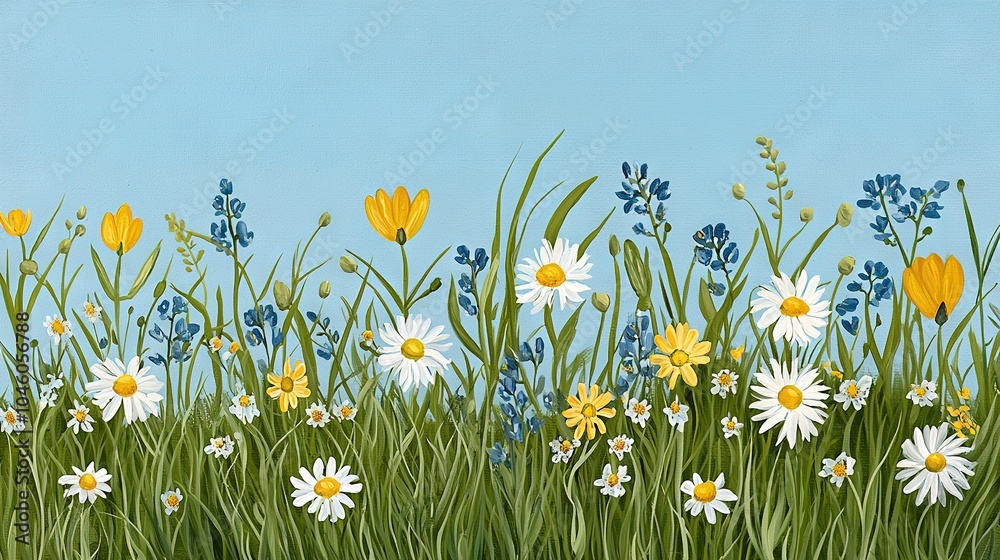   A field of wildflowers and daisies under a blue sky