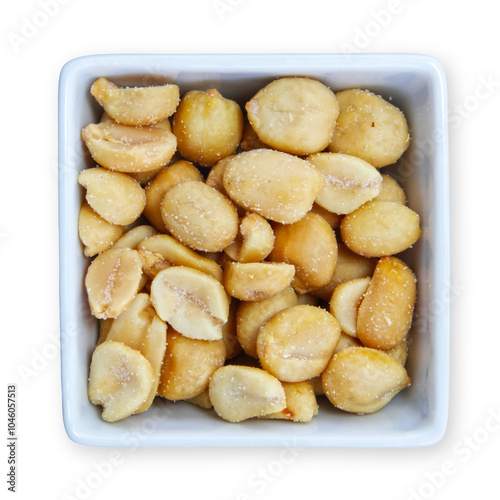 Salted peanuts in a white container