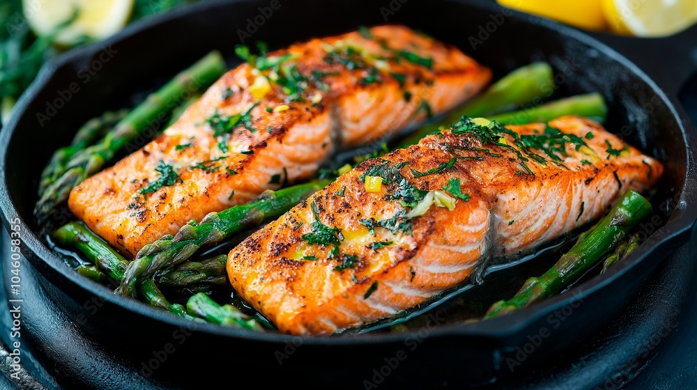 fried salmon with vegetables and herbs in pan fried salmon with vegetables and herbs in pan