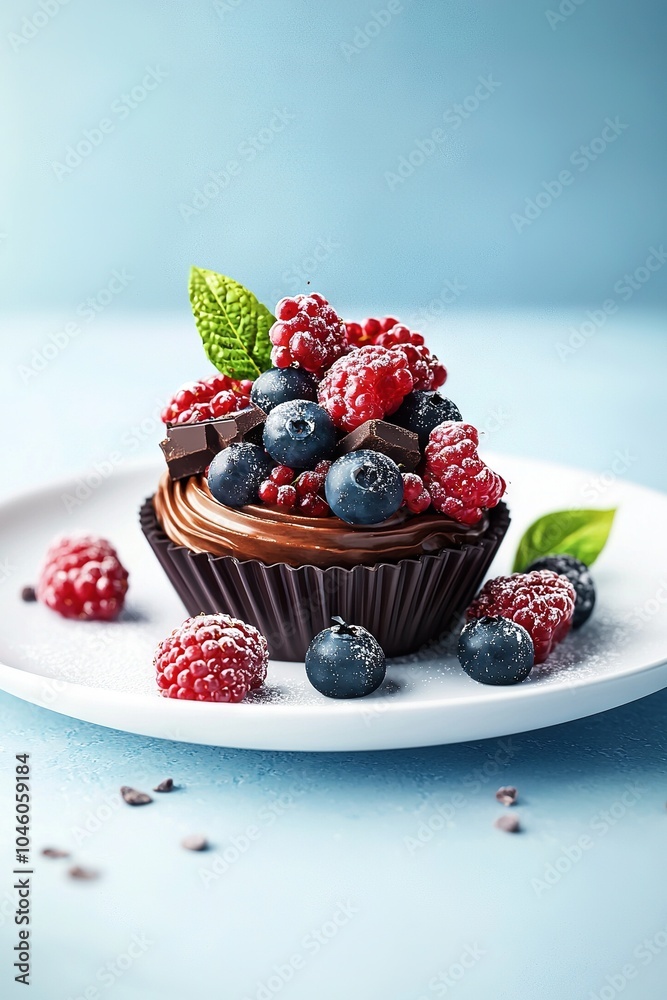 A white plate featuring a chocolate cupcake decorated with blueberries and raspberries A white plate featuring a chocolate cupcake decorated with blueberries and raspberries