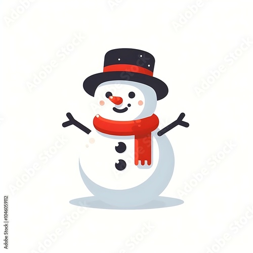 Flat, isolated illustration of a happy snowman wearing a cozy scarf and hat. The simple design features rounded shapes, a carrot nose, and twig arms, set against a clean white background.