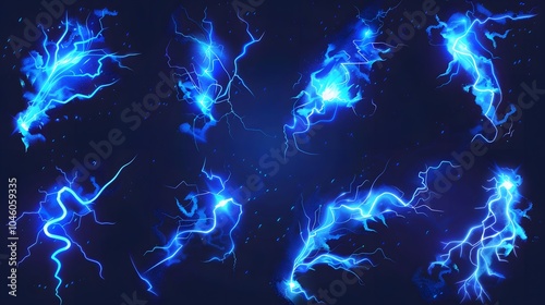 A collection of 7 blue lightning bolts on a dark background. photo