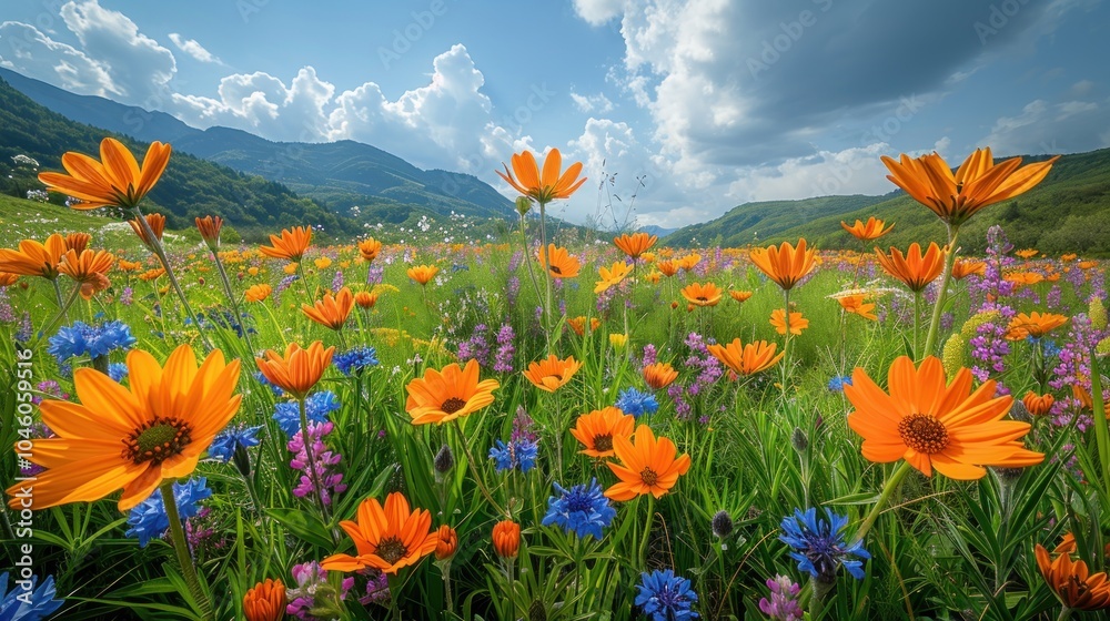 Obraz premium Vibrant Wildflowers in a Meadow with Mountains in the Background