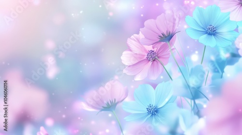 Pastel cosmos flowers bloom in a dreamy, ethereal setting, AI