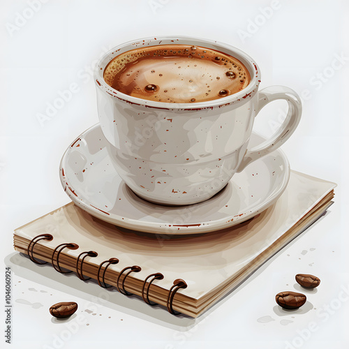 distance learning theme with a cup of coffee and a notebook with white shades, flat design, png photo