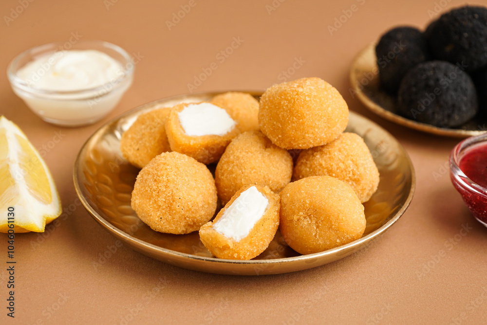Plate with delicious fried mozzarella balls and lemon piece on beige background Plate with delicious fried mozzarella balls and lemon piece on beige background