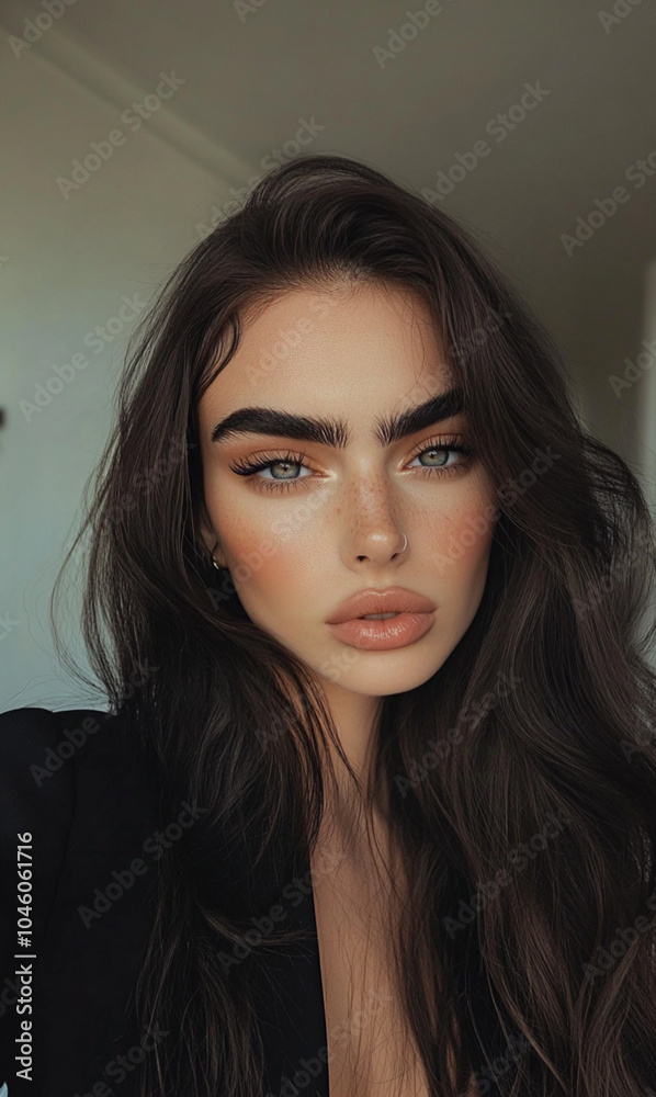 woman with thick eyebrows, full lips, and long hair, posing for the camera. woman with thick eyebrows, full lips, and long hair, posing for the camera.