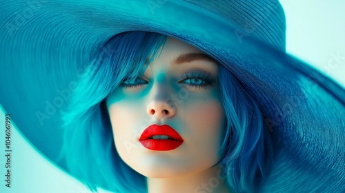 photo model with blue hair and red lips