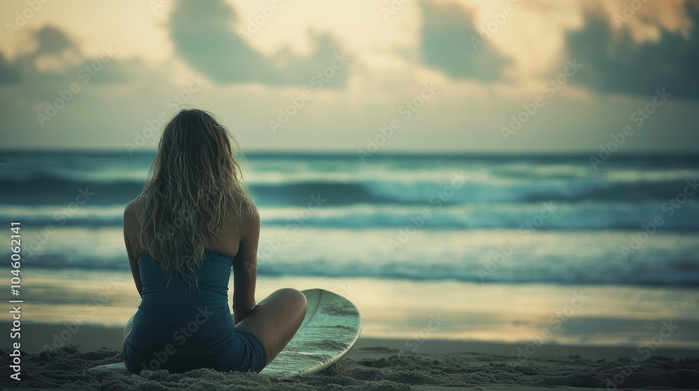 Fototapeta premium Thoughtful woman with surfboard sitting at beach