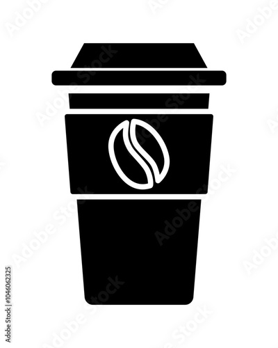 Coffee to go cup with lid - vector silhouette image for icon or pictogram. Black Thermos cup with cappuccino for logo or sign.