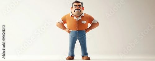 Angry cartoon figure standing confidently with hands on hips, dressed in casual wear and displaying annoyance against a white canvas