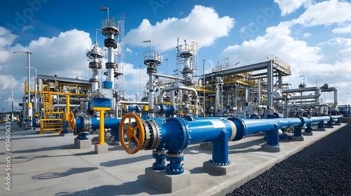 Detailed view of a modern and highly efficient natural gas processing facility showcasing the complex network of polished metallic pipelines compressors