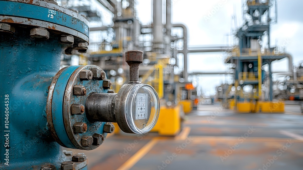Close up detailed shot of an old well used industrial refinery valve processing high pressure fuel through clear tubing Close up detailed shot of an old well used industrial refinery valve processing high pressure fuel through clear tubing