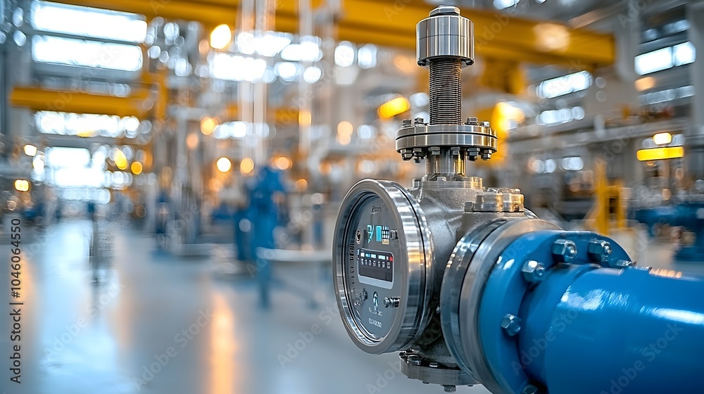 Closeup view of a shiny metallic refinery valve under bright industrial lighting with pressurized fuel flowing through the surrounding pipes and machinery
