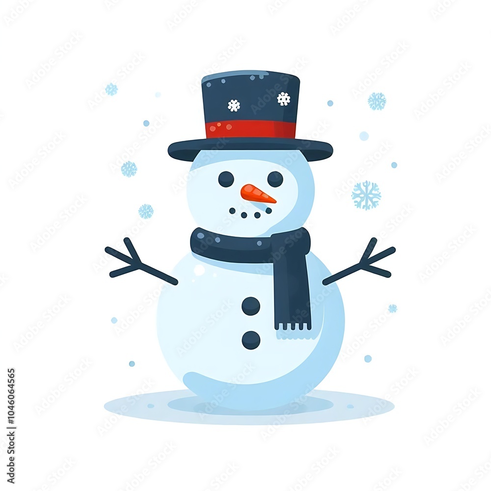 Flat, isolated illustration of a happy snowman wearing a cozy scarf and hat. The simple design features rounded shapes, a carrot nose, and twig arms, set against a clean white background. Flat, isolated illustration of a happy snowman wearing a cozy scarf and hat. The simple design features rounded shapes, a carrot nose, and twig arms, set against a clean white background.