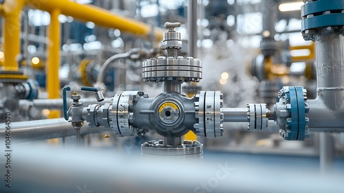 Close up view of a complex refinery valve processing high pressure fuel surrounded by a network of metallic industrial components and tubing with steam gently rising from the surface