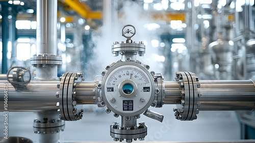 Detailed close up view of a refinery valve processing high pressure fuel surrounded by metallic components and industrial tubing  Steam can be seen gently rising from the surface photo