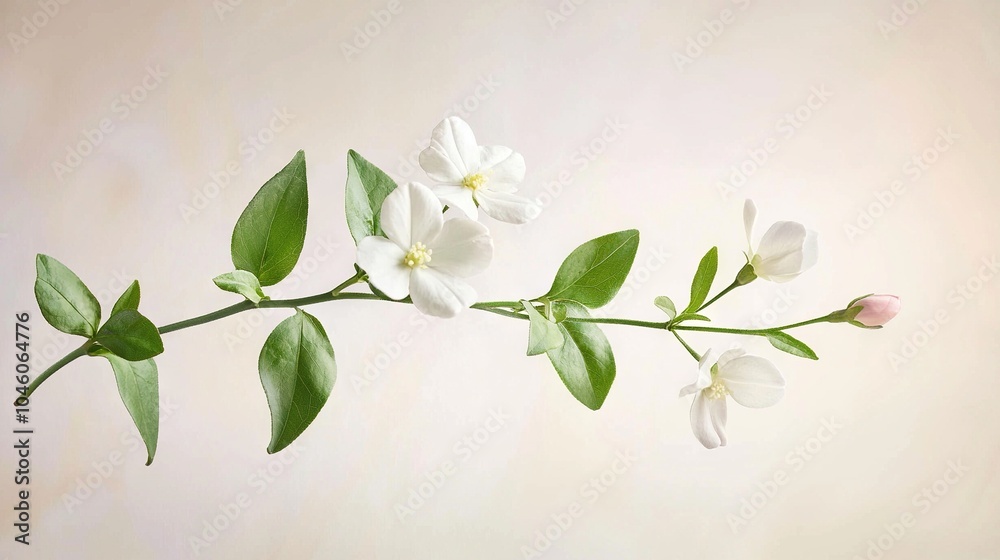 Fototapeta premium A plant's branch featuring white blooms and green foliage against a soft pink backdrop, with a white wall in the distance