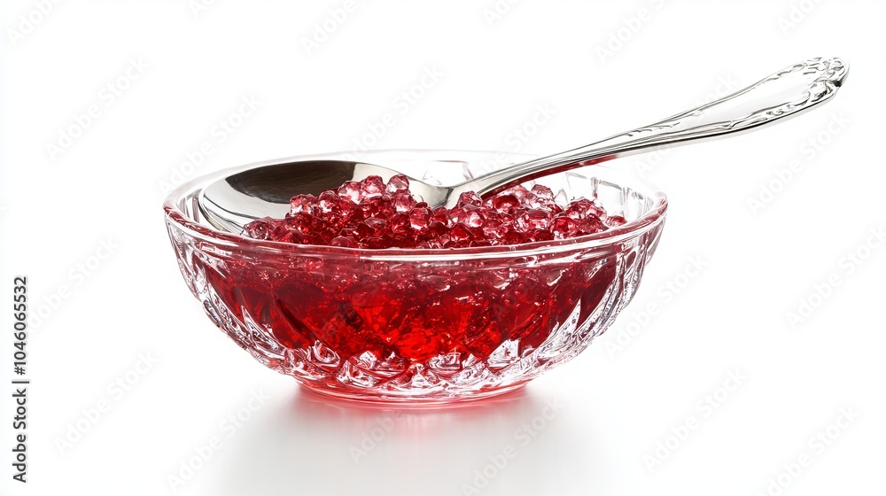 Sugar syrup in a glass bowl with a spoon, isolated on a white background Sugar syrup in a glass bowl with a spoon, isolated on a white background
