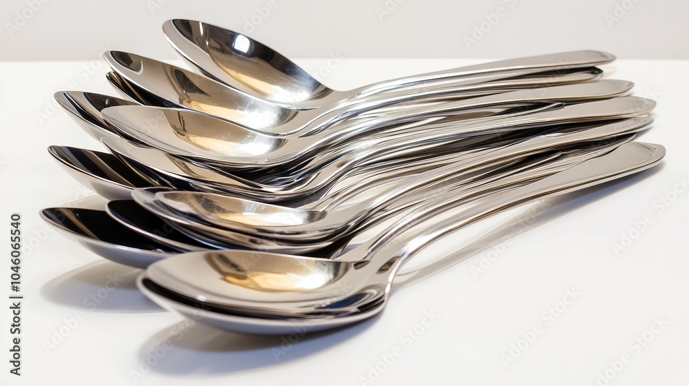 The chrome, stainless steel, and silver spoons appear clean and highly polished, with a side view showing the smooth, reflective metal in a stacked photo with clipping path The chrome, stainless steel, and silver spoons appear clean and highly polished, with a side view showing the smooth, reflective metal in a stacked photo with clipping path