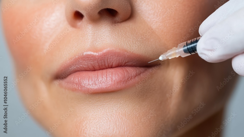 This image shows a syringe being used in a lip treatment, exemplifying the art and precision of modern cosmetic techniques in enhancing facial features. This image shows a syringe being used in a lip treatment, exemplifying the art and precision of modern cosmetic techniques in enhancing facial features.