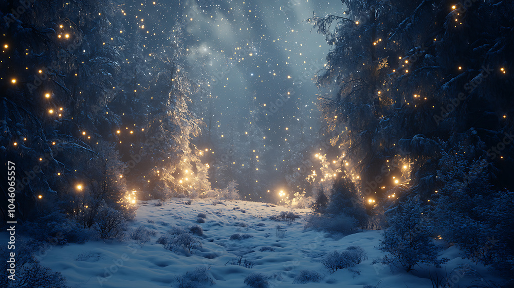 snow falling at night in a snowy dark forest with lights and stars snow falling at night in a snowy dark forest with lights and stars