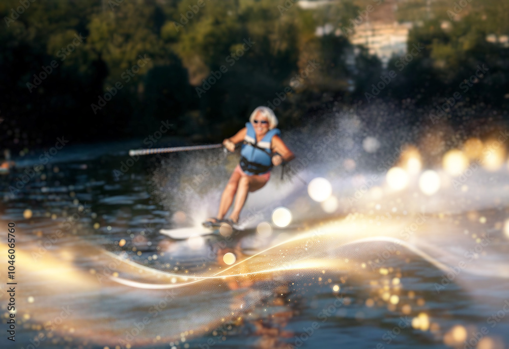Fototapeta premium A woman in a life vest water skis on a lake. The sun creates a shimmering glow on the water.