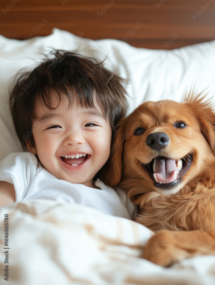 A joyful scene of a smiling toddler and a content dog cuddled together on white bedding, sharing a moment of pure happiness and warmth, captured in a photo.