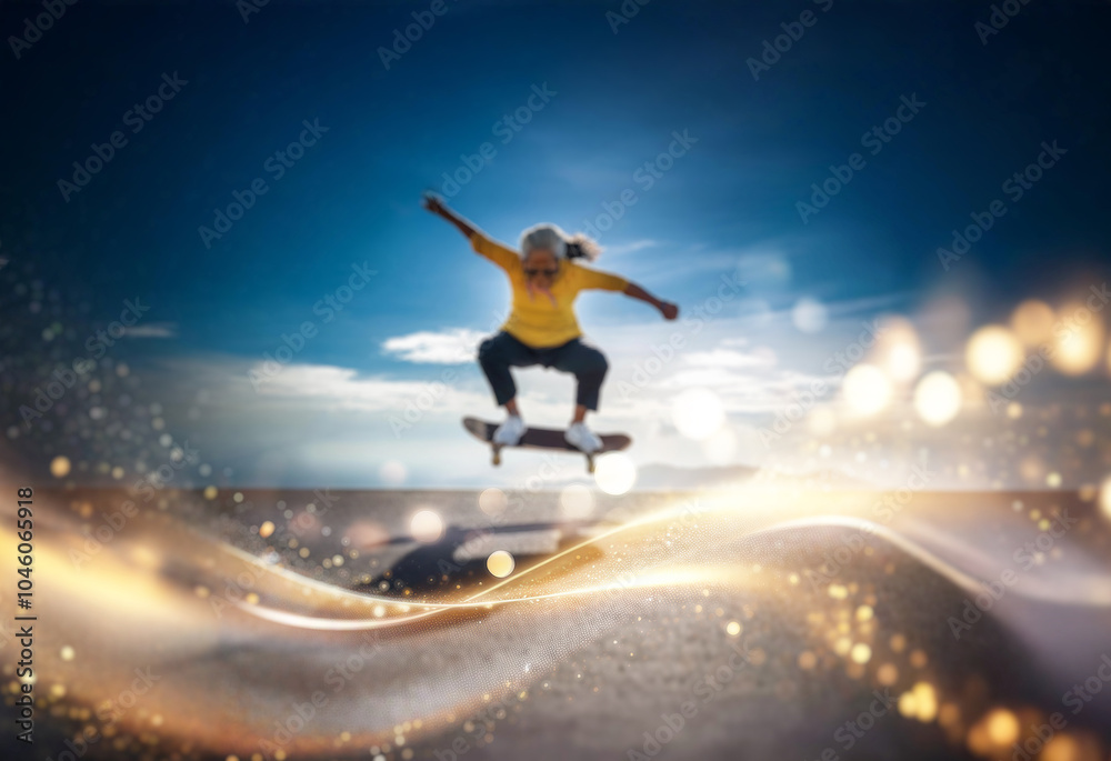 A senior woman is skateboarding in the air with a bright blue sky, golden light, and a wavy streak of gold behind her. A senior woman is skateboarding in the air with a bright blue sky, golden light, and a wavy streak of gold behind her.