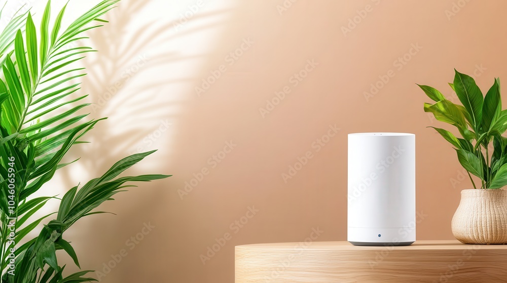 The white smart speaker is displayed on a bright wooden surface, bathed in sunlight and surrounded by lush green plants, evoking tranquility in design. The white smart speaker is displayed on a bright wooden surface, bathed in sunlight and surrounded by lush green plants, evoking tranquility in design.
