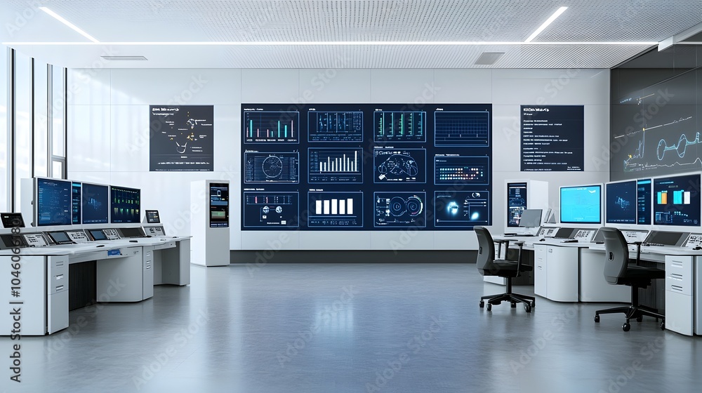 Technologically advanced control room with state of the art monitors displaying real time fuel processing data surrounded by high tech workstations for industrial automation and analysis Technologically advanced control room with state of the art monitors displaying real time fuel processing data surrounded by high tech workstations for industrial automation and analysis