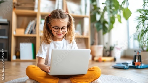 A young girl with glasses beams while using a laptop in a cozy and bright room, surrounded by books and plants, embodying a joyful and learning atmosphere.