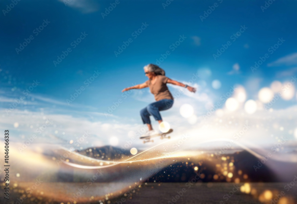 A woman with gray hair is skateboarding in the air, with a blue sky and sparkling light in the background. A woman with gray hair is skateboarding in the air, with a blue sky and sparkling light in the background.