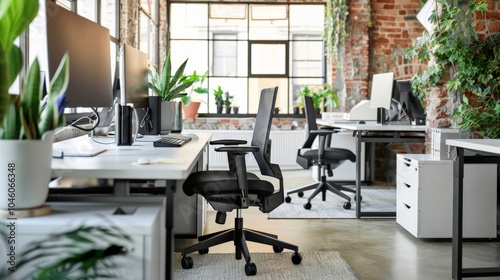 Office space with ergonomic chairs and standing desks, showcasing modern work environments