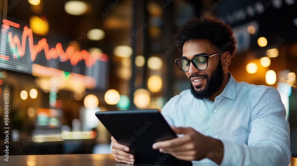 A smiling man in glasses uses a tablet to track financial market trends at a cozy, bokeh-lit café while looking energetic and optimistic about investments. A smiling man in glasses uses a tablet to track financial market trends at a cozy, bokeh-lit café while looking energetic and optimistic about investments.