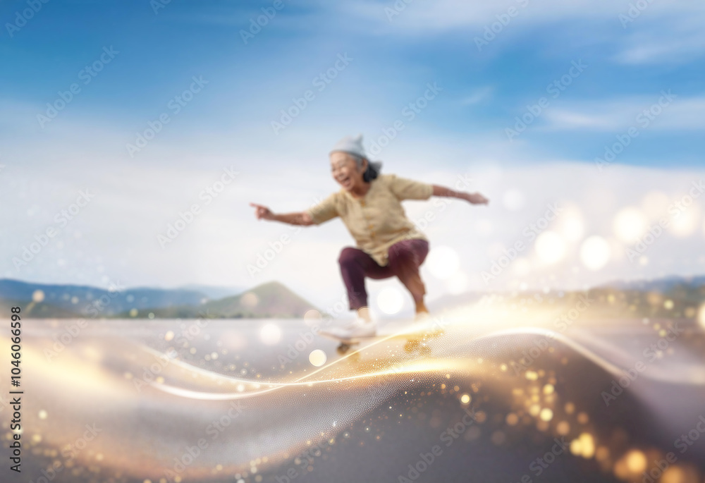 An elderly woman with a beaming smile rides a skateboard, effortlessly gliding over a wave of light against a backdrop of a blue sky and distant mountains. An elderly woman with a beaming smile rides a skateboard, effortlessly gliding over a wave of light against a backdrop of a blue sky and distant mountains.