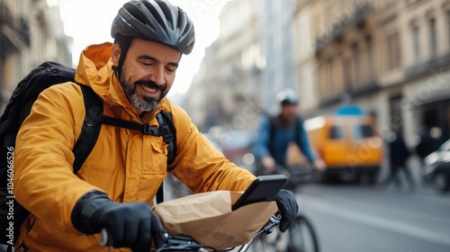 A cyclist in an urban setting checks a phone while balancing a paper bag on the handlebars, showcasing the blend of modern technology and traditional transport methods. photo