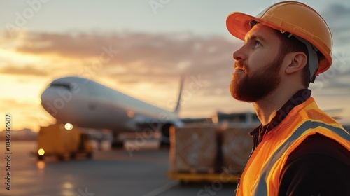 A man wearing safety gear observes the runway, with a large airplane and cargo in the background, captured at sunset, conveying aviation and diligence themes. photo