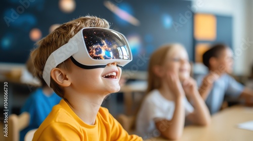 Enthralled boy in a vibrant classroom wears a virtual headset, experiencing an immersive simulated space adventure that promotes interactive learning and curiosity. photo