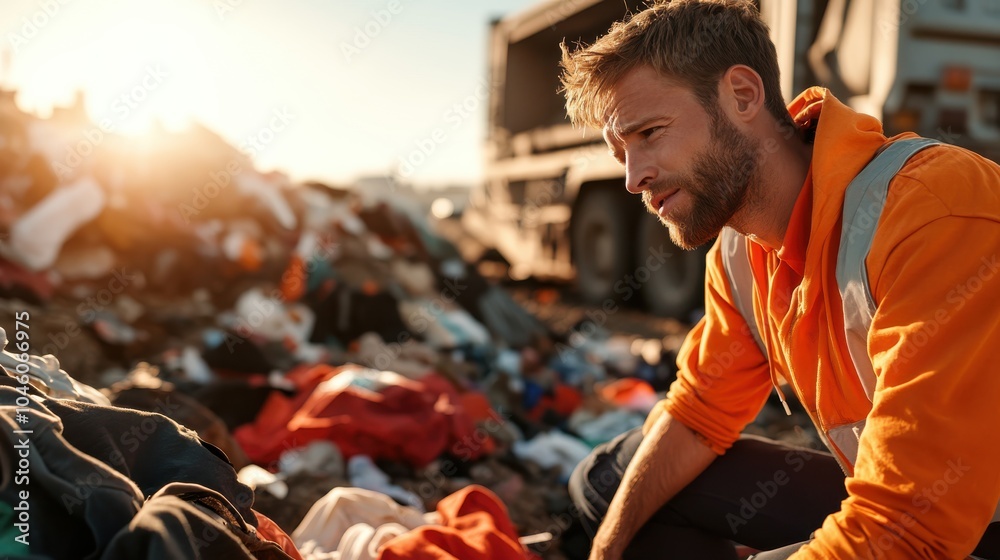 A worker wearing an orange jacket kneels in deep thought, inspecting a pile of clothes under the warm glow of evening sunlight, illustrating work dedication and care. A worker wearing an orange jacket kneels in deep thought, inspecting a pile of clothes under the warm glow of evening sunlight, illustrating work dedication and care.