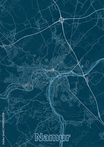 Map of Namur, Belgium, rendered in a minimalist style. The map features a dark blue background with white lines representing roads and waterways.