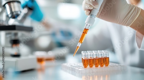 A researcher in a lab setting is focused on using a pipette with orange liquid, indicating scientific precision and exploration in the pursuit of breakthroughs.