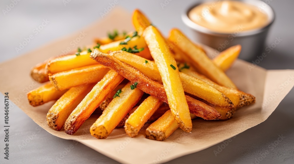 Appetizing golden fries are carefully garnished with fresh herbs and served in paper wrapping with a creamy dipping sauce, evoking gourmet home-cooked meal warmth. Appetizing golden fries are carefully garnished with fresh herbs and served in paper wrapping with a creamy dipping sauce, evoking gourmet home-cooked meal warmth.