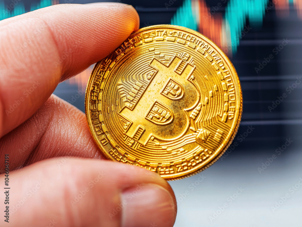 Hand holding a golden Bitcoin with price chart in the background Hand holding a golden Bitcoin with price chart in the background