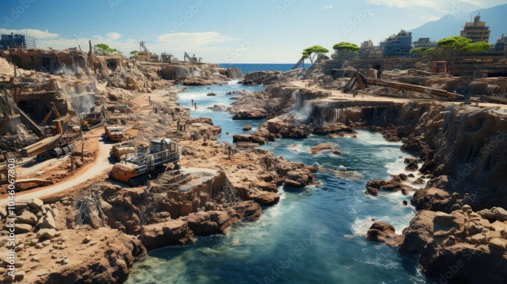 Fototapeta premium Construction Site on a Rocky Coastline