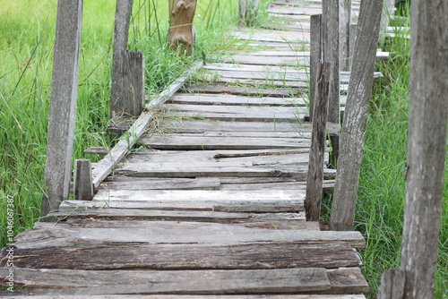 old wooden bridge has wooden walkway in the outdoor nature