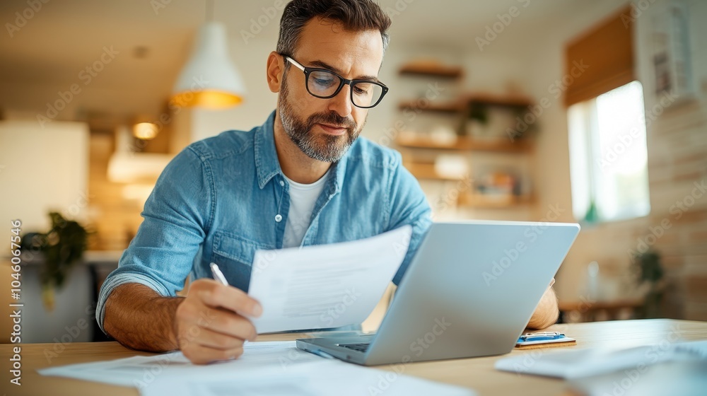 A man concentrates on paperwork with a laptop beside him in a cozy, modern home office, represented by a bright, inviting atmosphere, symbolizing productivity. A man concentrates on paperwork with a laptop beside him in a cozy, modern home office, represented by a bright, inviting atmosphere, symbolizing productivity.