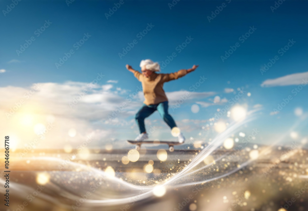 A senior woman with gray hair, wearing a beige sweater and jeans, jumps on a skateboard in midair, her arms outstretched, against a blue sky with bright white clouds and sparkling light trails. A senior woman with gray hair, wearing a beige sweater and jeans, jumps on a skateboard in midair, her arms outstretched, against a blue sky with bright white clouds and sparkling light trails.